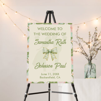 Wildflower Green Gingham Bow Wedding Welcome Foam Board