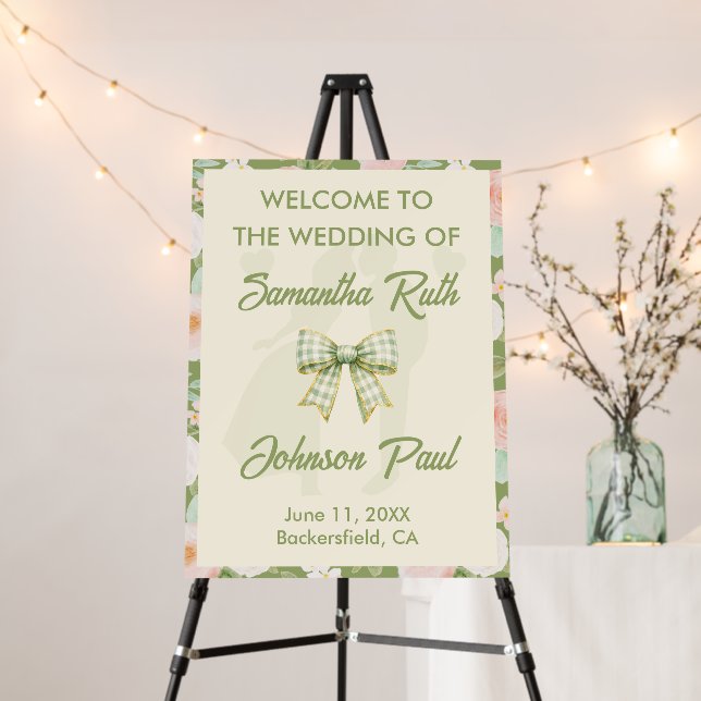 Wildflower Green Gingham Bow Wedding Welcome Foam Board (In Situ (Stand))