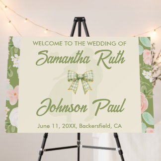 Wildflower Green Gingham Bow Wedding Welcome Sign