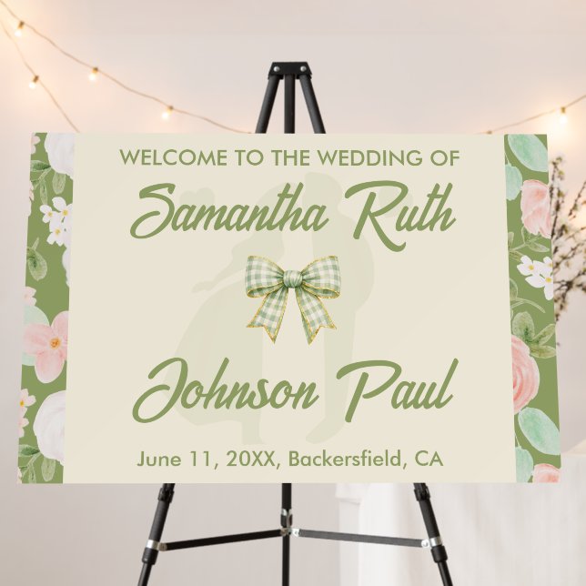 Wildflower Green Gingham Bow Wedding Welcome Sign (In Situ (Stand))
