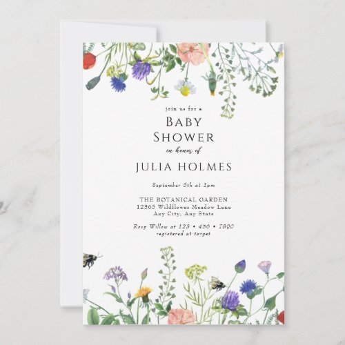 Wildflower Greenery  Bees Floral  Baby Shower Invitation