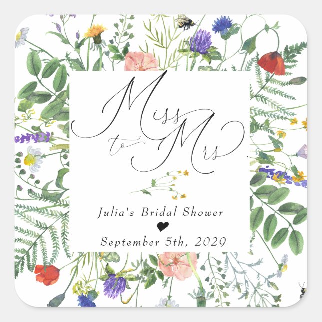 Wildflower Greenery | Bees Floral | Bridal Favor Square Sticker (Front)