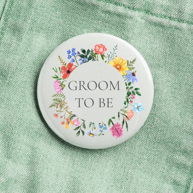 Wildflower Groom Wedding  Button (Groom to be Wildflower Watercolor Floral Wreath Wedding Button)