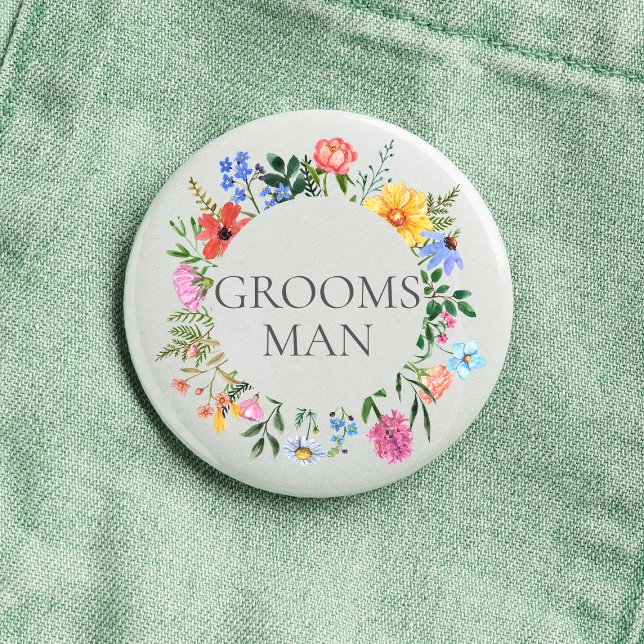 Wildflower Groomsman Wedding  Button (Groomsman Wildflower Watercolor Floral Wreath Wedding Button
)