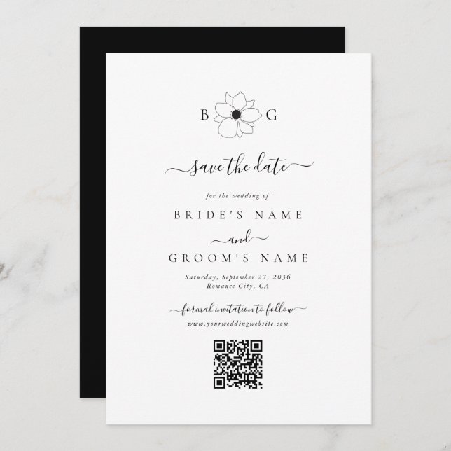 Wildflower Hand-Drawn Monogram Wedding QR Code Save The Date (Front/Back)