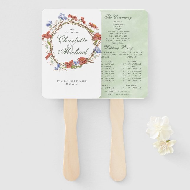Wildflower handmade wreath wedding program hand fan (Front and Back)