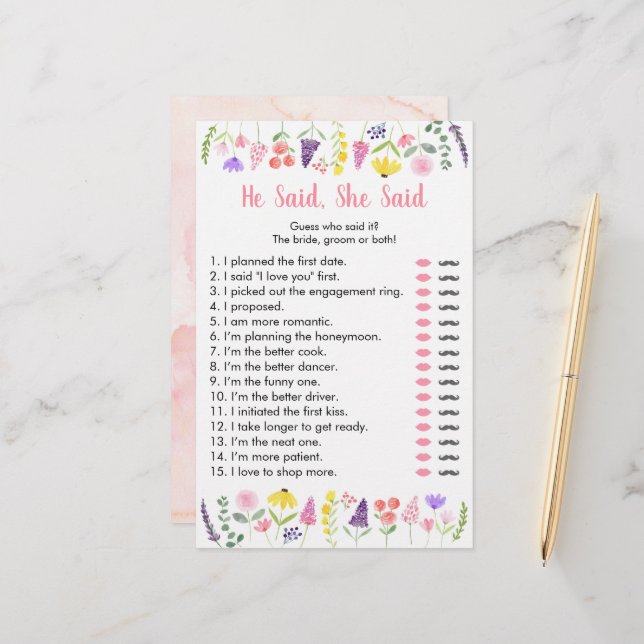 Wildflower He Said She Said Bridal Game (Front/Back In Situ)