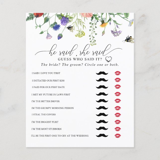 Wildflower He Said She Said | Bridal Shower Game  (Front)