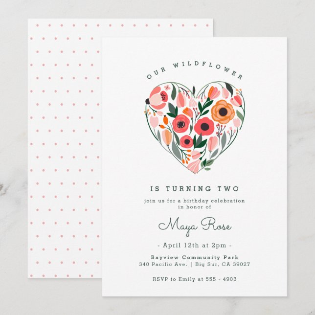 Wildflower Heart Birthday Invitation (Front/Back)