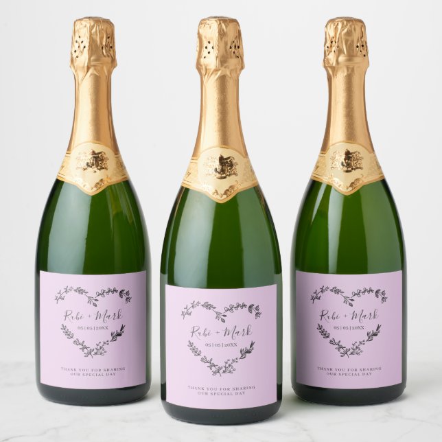 Wildflower Heart, Branches and Leaves in Lilac Sparkling Wine Label (Bottles)