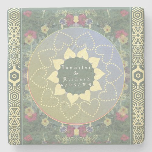 Wildflower Heart Mandala CoupleWedding Date Stone Coaster