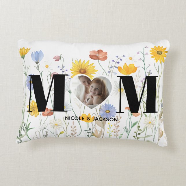 Wildflower Heart Photo Name Mother's Day Accent Pillow (Back)