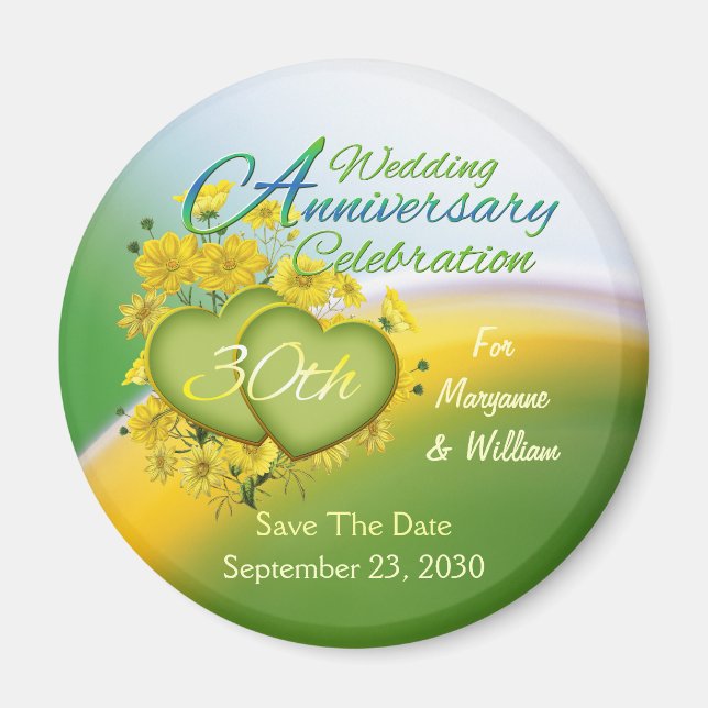 Wildflower Hearts 30th Wedding Anniversary Party Magnet (Front)