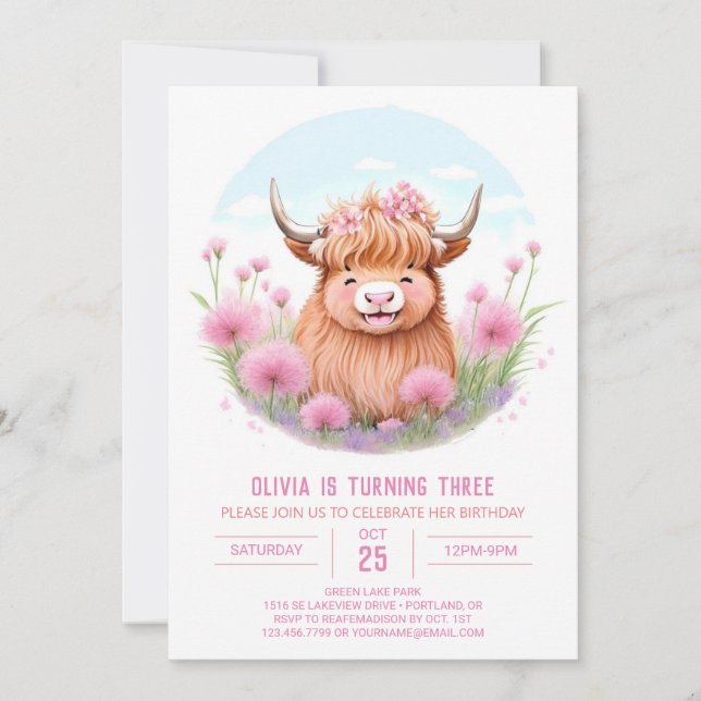Wildflower Highland Cow Adventure Birthday Invitation (Front)