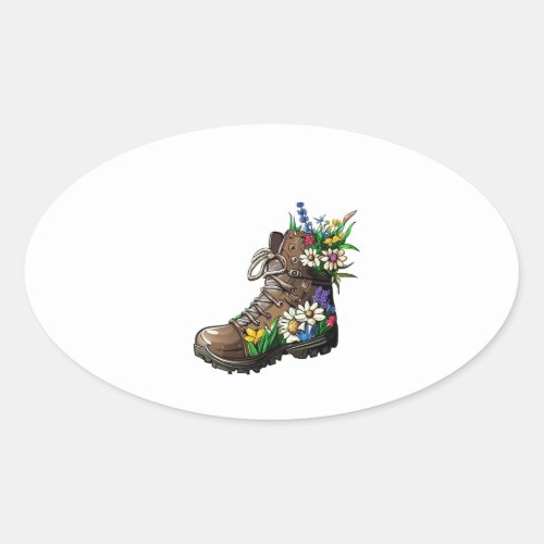 Wildflower Hiking Boot illustration Art Oval Sticker