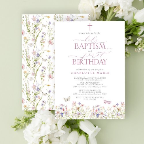 Wildflower Holy Baptism  1st Birthday Pink Script Invitation