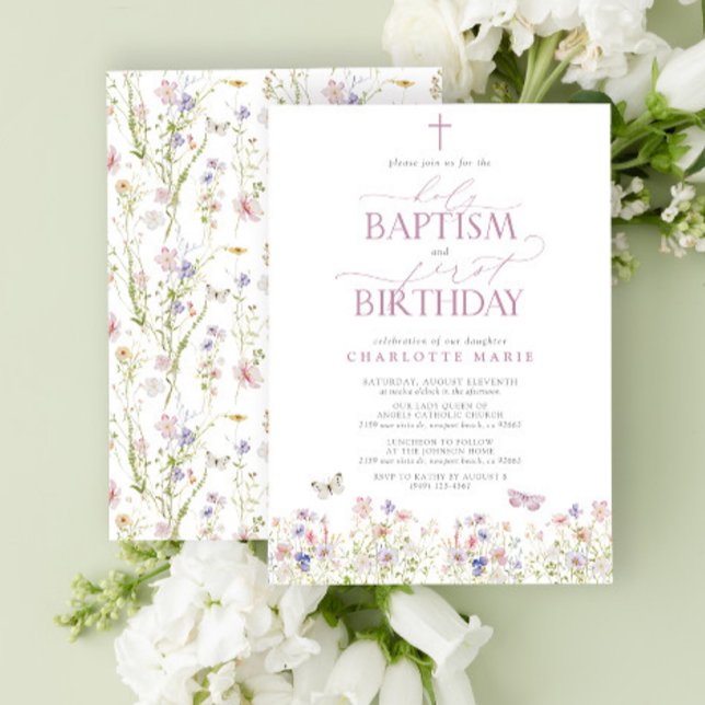 Wildflower Holy Baptism & 1st Birthday Pink Script Invitation (Easily personalize this baptism and first birthday invite with your personal details.)