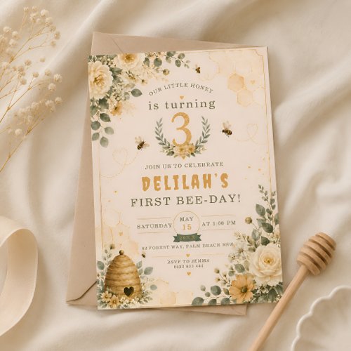 Wildflower Honey Bee 3rd Birthday Party Invitation