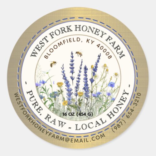 Wildflower Honey Label Bees and Dashed Border Gold