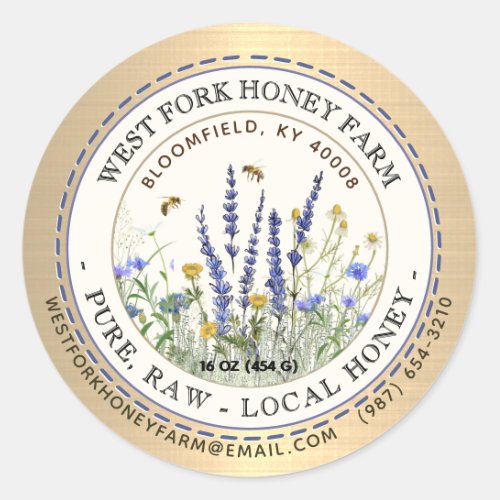 Wildflower Honey Label Bees and Dashed Border Gold