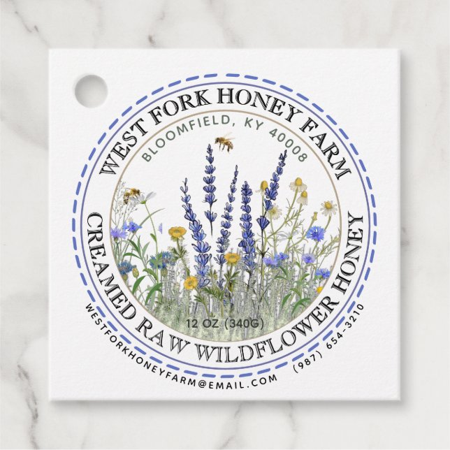 Wildflower Honey Label Bees Dashed Border Kraft (Front)