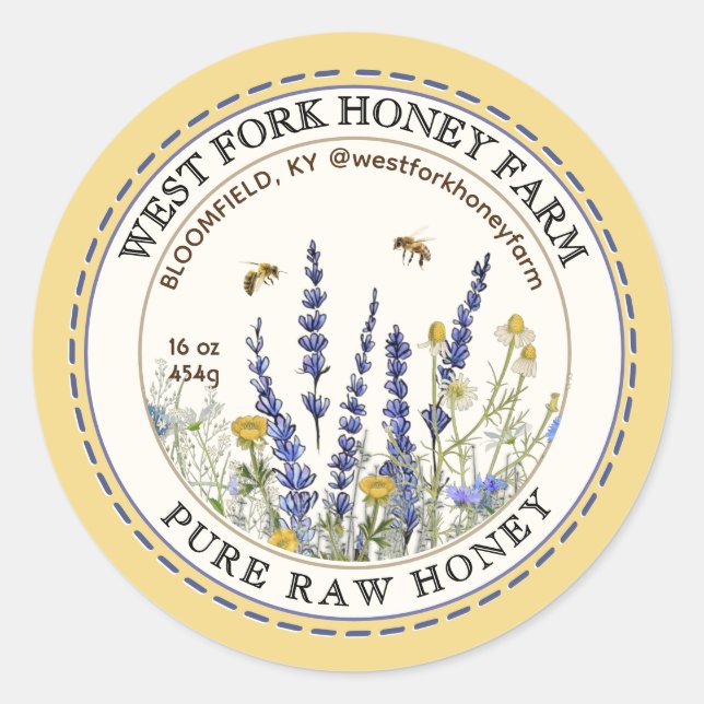 Wildflower Honey Label with Bees Dashed Border (Front)