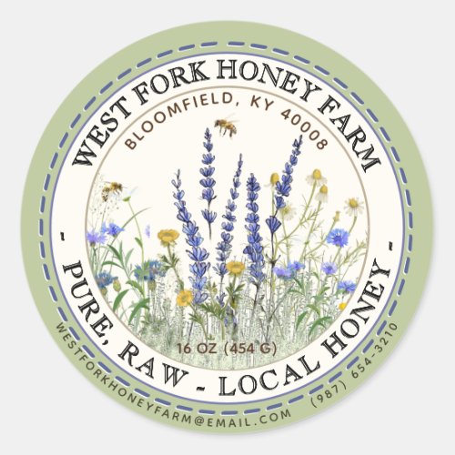 Wildflower Honey Label with Bees Dashed Border