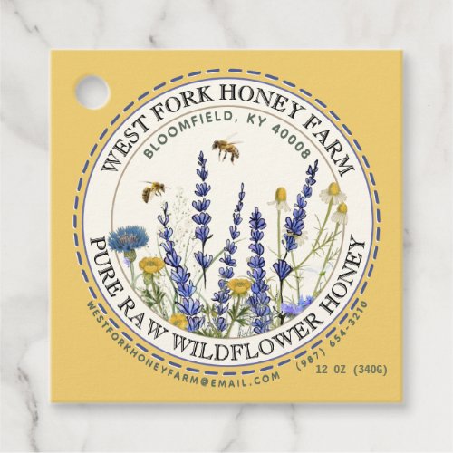 Wildflower Honey Label with Bees Dashed Border