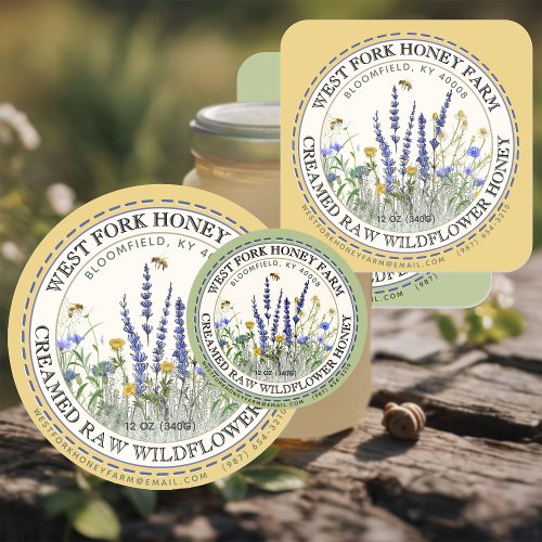 Wildflower Honey Label with Bees Dashed Border