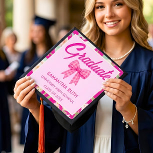 Wildflower Hot Pink Gingham Bow Graduation Cap Topper