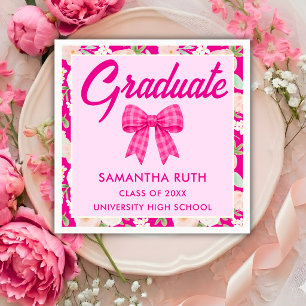 Wildflower Hot Pink Gingham Bow Graduation Party Napkins