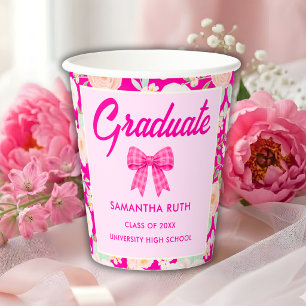 Wildflower Hot Pink Gingham Bow Graduation Party Paper Cups