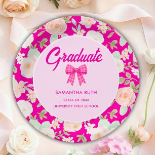 Wildflower Hot Pink Gingham Bow Graduation Party Paper Plates