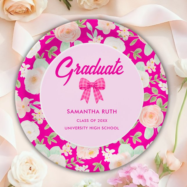 Wildflower Hot Pink Gingham Bow Graduation Party Paper Plates (Creator Uploaded)