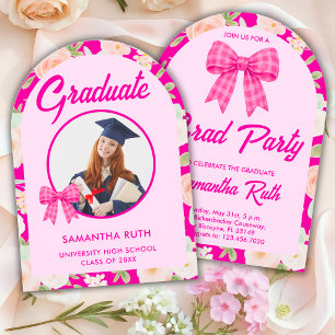 Wildflower Hot Pink Gingham Bow Photo Graduation Invitation
