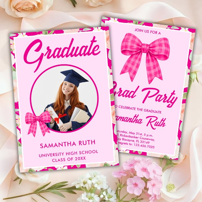 Wildflower Hot Pink Gingham Bow Photo Graduation Invitation (Creator Uploaded)