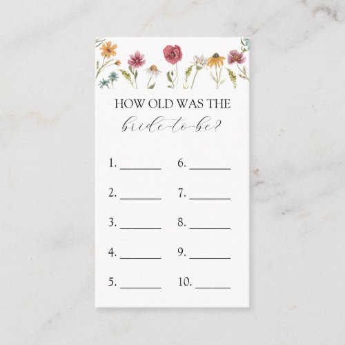 Wildflower How Old is the Bride to Be game card