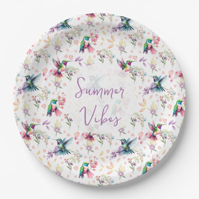 Wildflower & Hummingbird Summer Vibes Paper Plates (Front)