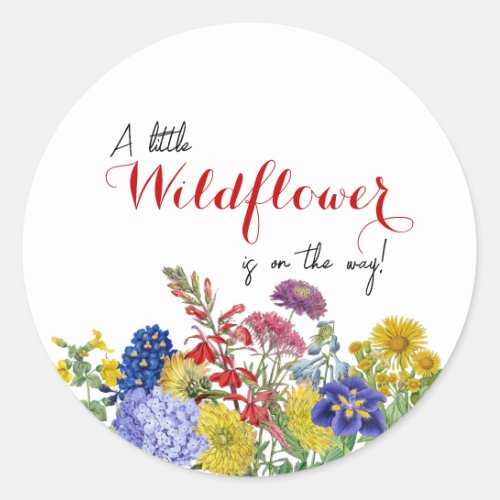 Wildflower in Bloom Whimsical Floral Baby Shower Classic Round Sticker