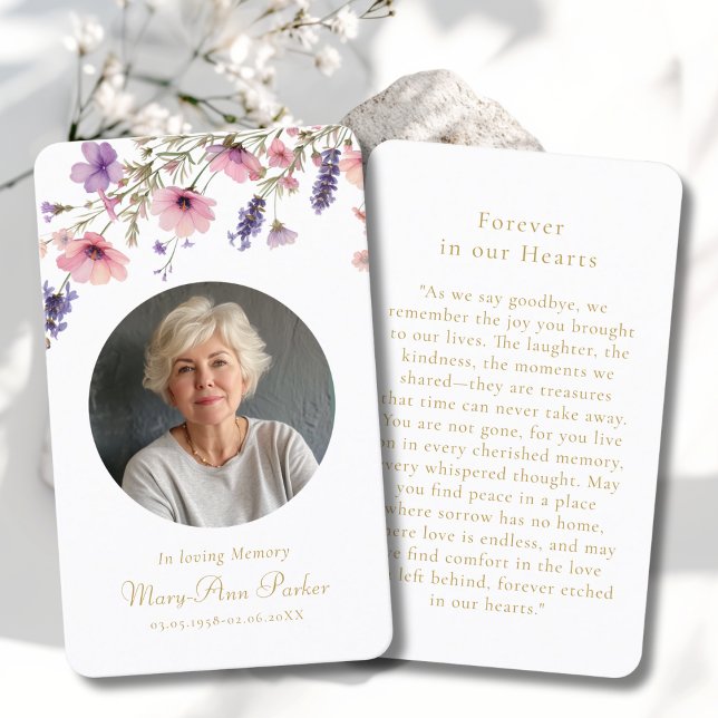 Wildflower "In loving Memory" Photo Funeral Business Card (Wildflower "In loving Memory" Photo Funeral Sympathy Beige Memorial Prayer Cards.)