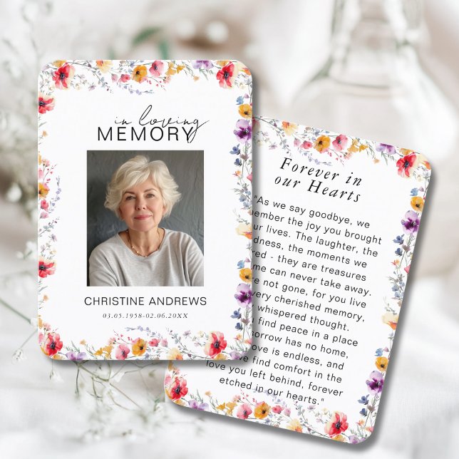 Wildflower "In Loving Memory" Photo Memorial  Business Card (Wildflower "In Loving Memory" Custom Photo Memorial Funeral Card)
