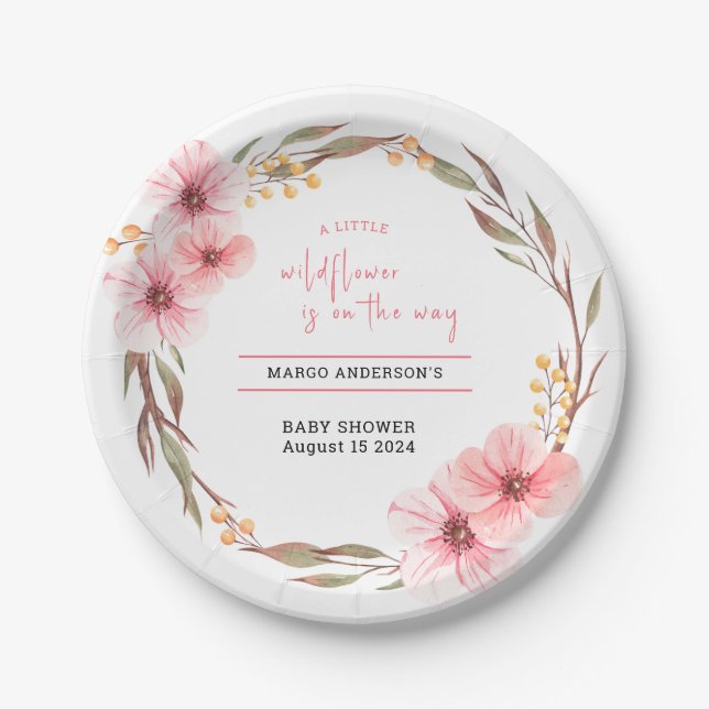 Wildflower Is On The Way Pink Baby Shower Paper Plates (Front)