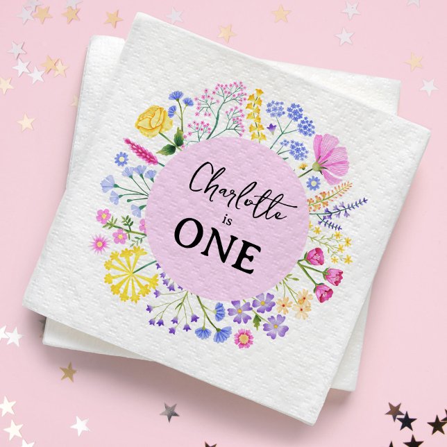 Wildflower Is One Girl's First Birthday Floral Napkins (Spring Wildflowers Wreath Girl's First Birthday Napkins)