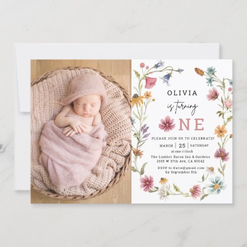 Wildflower Is Turing One 1st Birthday Photo Invitation