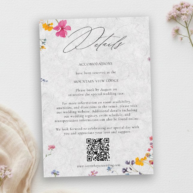 Wildflower Ivory Elegant QR Code Wedding Details Enclosure Card (wildflower wedding details qr watercolor garden backyard barn summer spring elegant ivory)