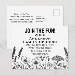 Wildflower Join The Family Reunion Black and White Holiday Postcard