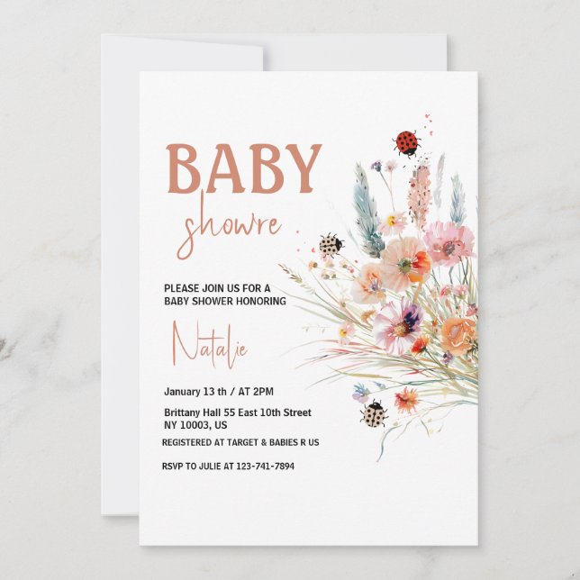 Wildflower Labybug Pampas Grass Baby Shower  Invitation (Front)