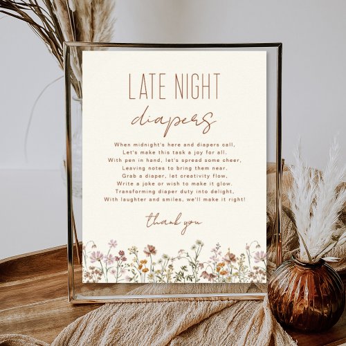 Wildflower Late Night Diapers Baby Shower Game Poster