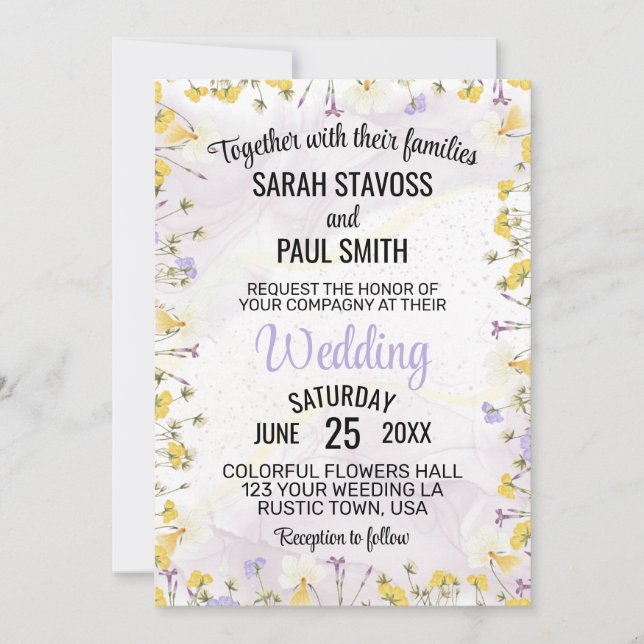 Wildflower Lavender and Yellow Floral wedding Invitation (Front)