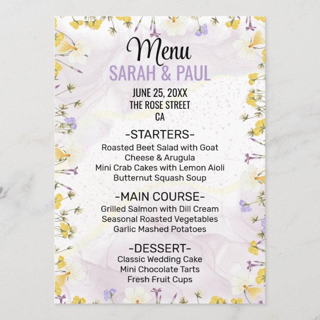 Wildflower Lavender and Yellow Floral Wedding Menu (Front)
